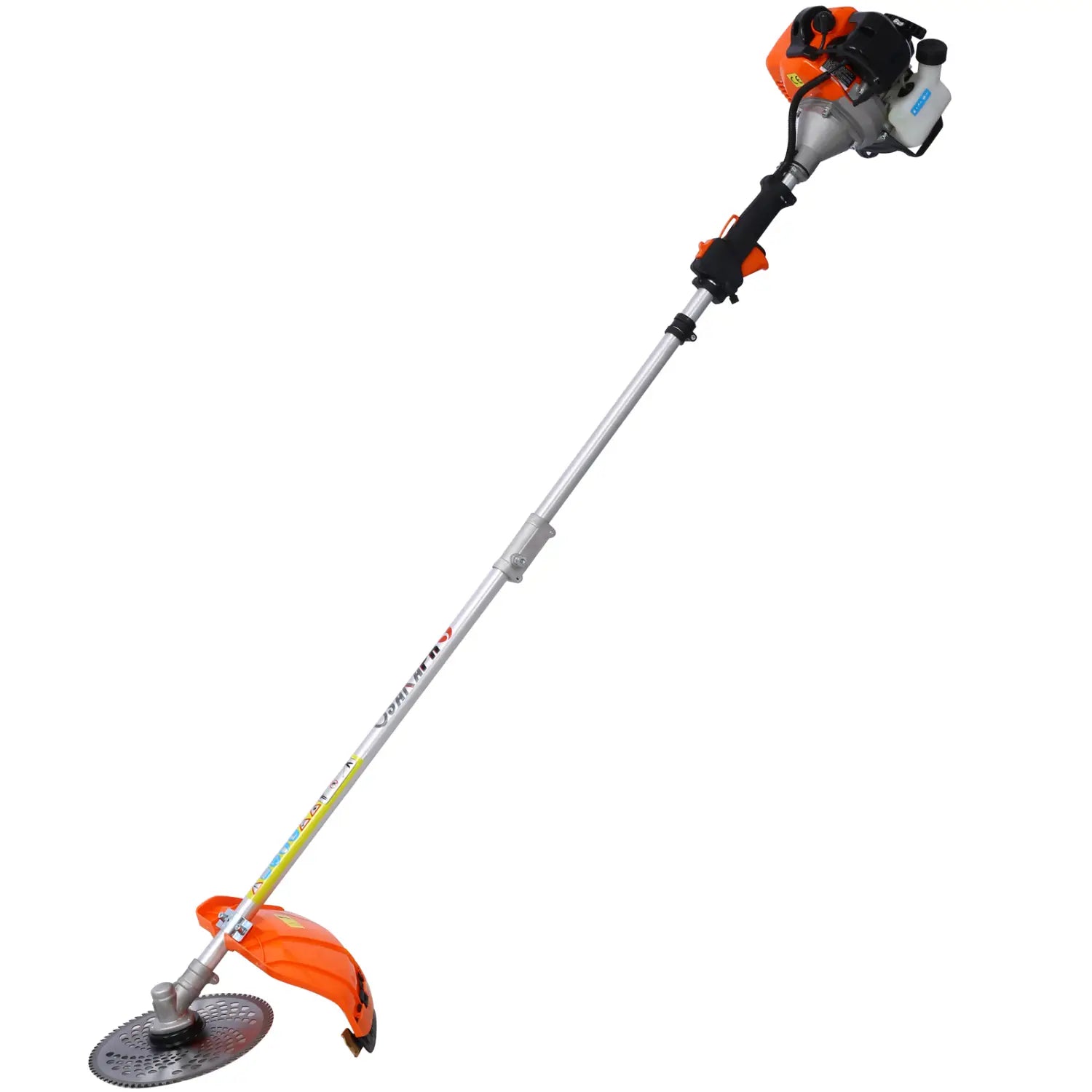 Orange and black gas-powered hedge trimmer and brush cutter multi tool set with a silver shaft designed for efficient plastic pruning tools use