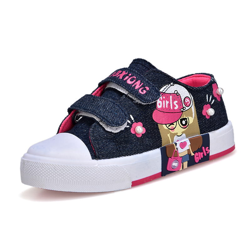 blue denim girls canvas shoes featuring dark denim canvas material with pink velcro straps white rubber toe cap and sole edge and a cartoon girl design with pink hat glasses and pearl-like flowers, ideal as shoes girls canvas or canvas shoes baby.