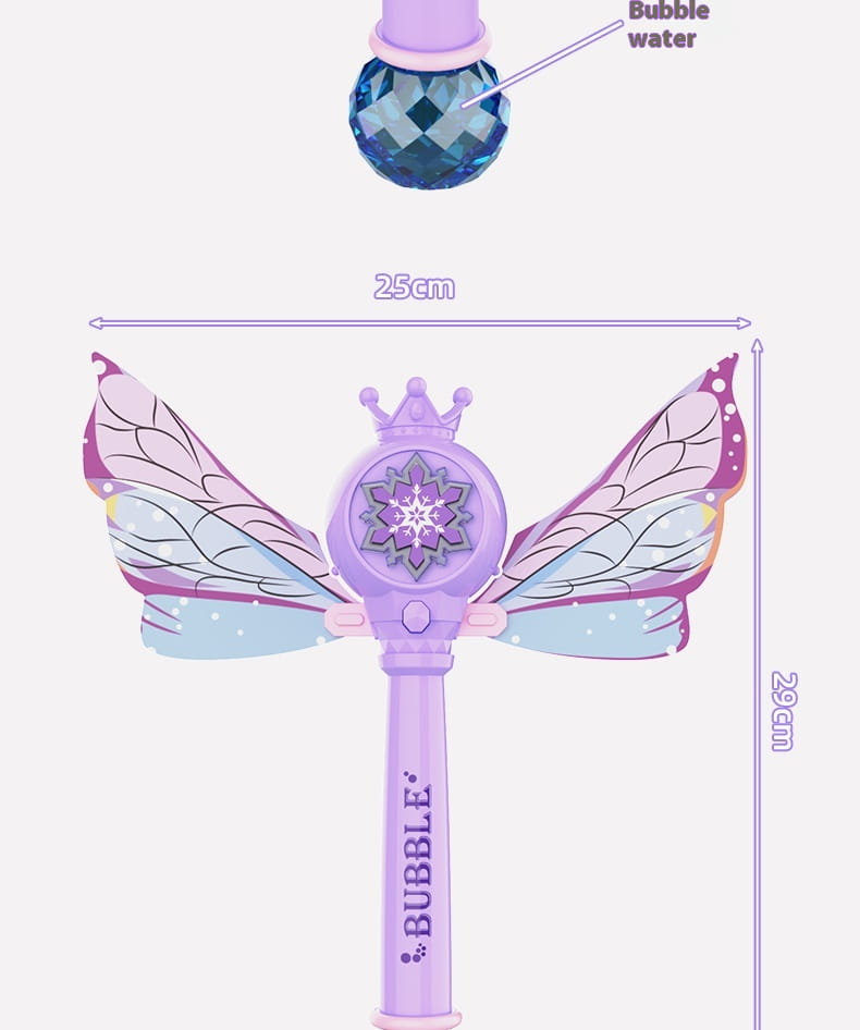 purple butterfly fairy bubble stick featuring a purple bubble wand with butterfly wings and a blue crystal ball on top designed as a fairy bubble stick.