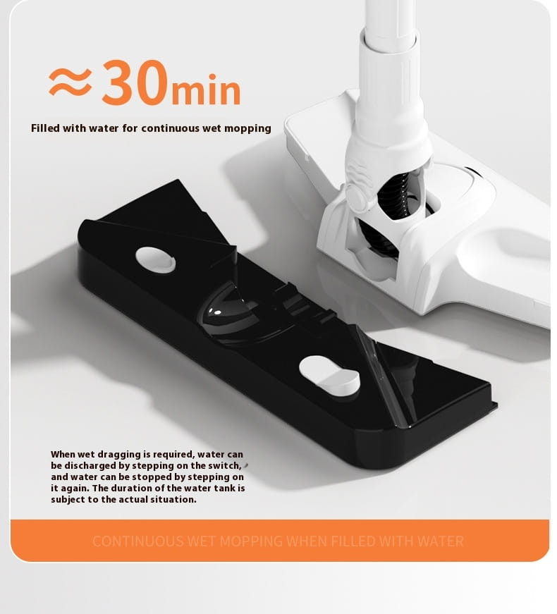 Black plastic water tank attached to the back side of a white wireless rechargeable vacuum cleaner for wet mopping use.