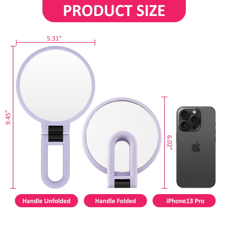 A lavender-colored foldable handheld handle mirror purple with a sleek plastic frame and black hinge detail offering 10x magnification.