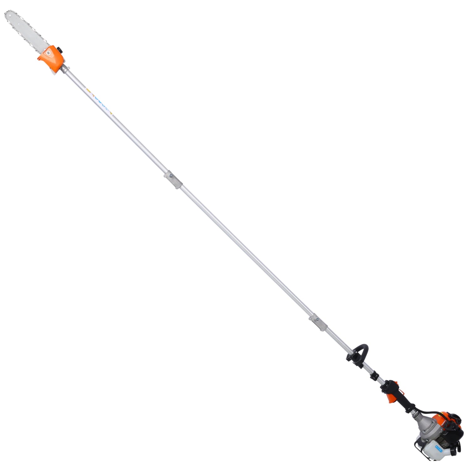 orange and black gas-powered pole pruner with a long silver shaft for hedge trimmer and brush cutter multi tool set featuring durable plastic pruning tools.
