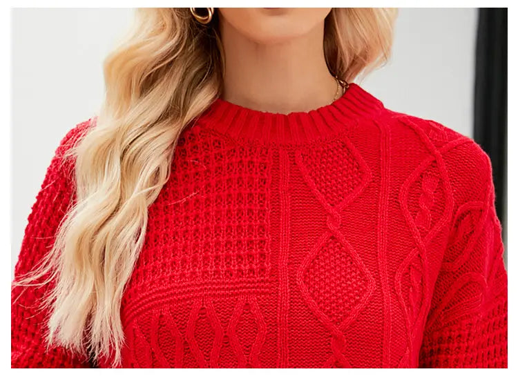 A vibrant red long-sleeved solid color pullover sweater fall featuring intricate cable-knit patterns and a ribbed neckline ideal for sweater fall winter.