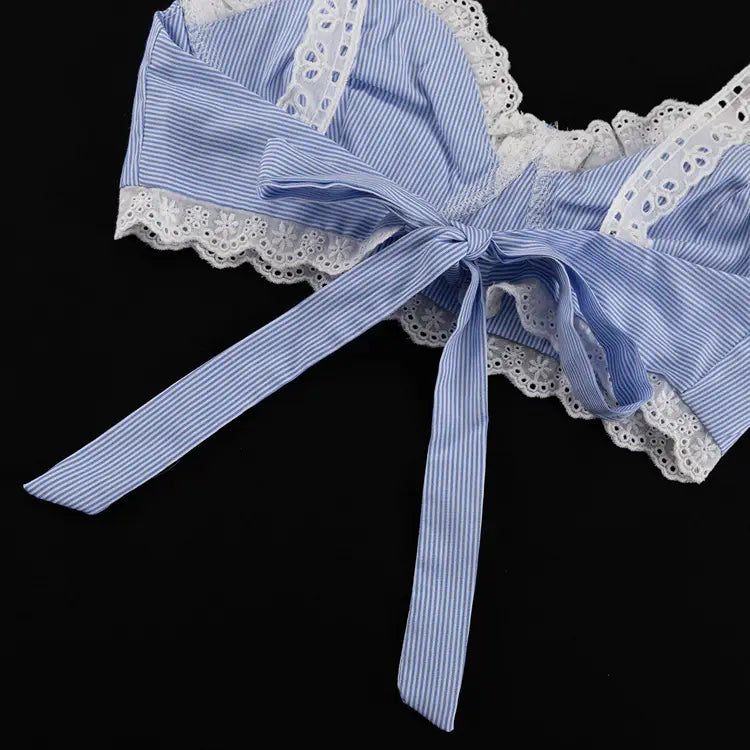 blue and white striped lace splicing sling vest with delicate lace trim and matching bow as part of a big swing skirt set