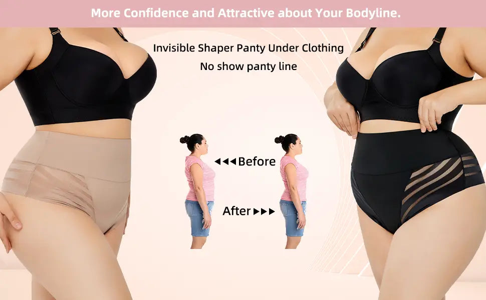 black high-waisted plus size shaping invisible shaper panty with sheer mesh side panels made of breathable fabric for comfortable size shaping underwear.
