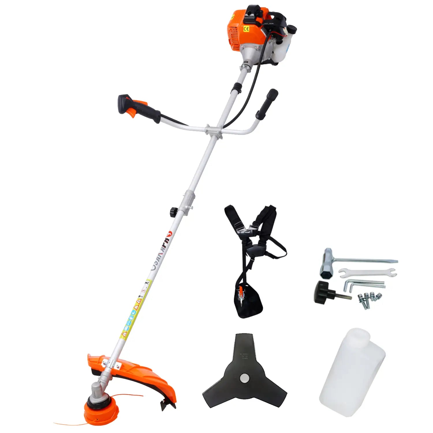 Orange and black gas powered plastic pruning tool with white adjustable shaft and ergonomic handle grip for efficient plastic pruning tasks.