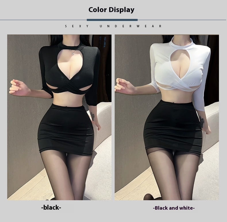black and white sexy underwear long two-piece set featuring a high-necked cropped long sleeve top with cutouts and a form-fitting mini skirt, designed as a sheer secretary suit.