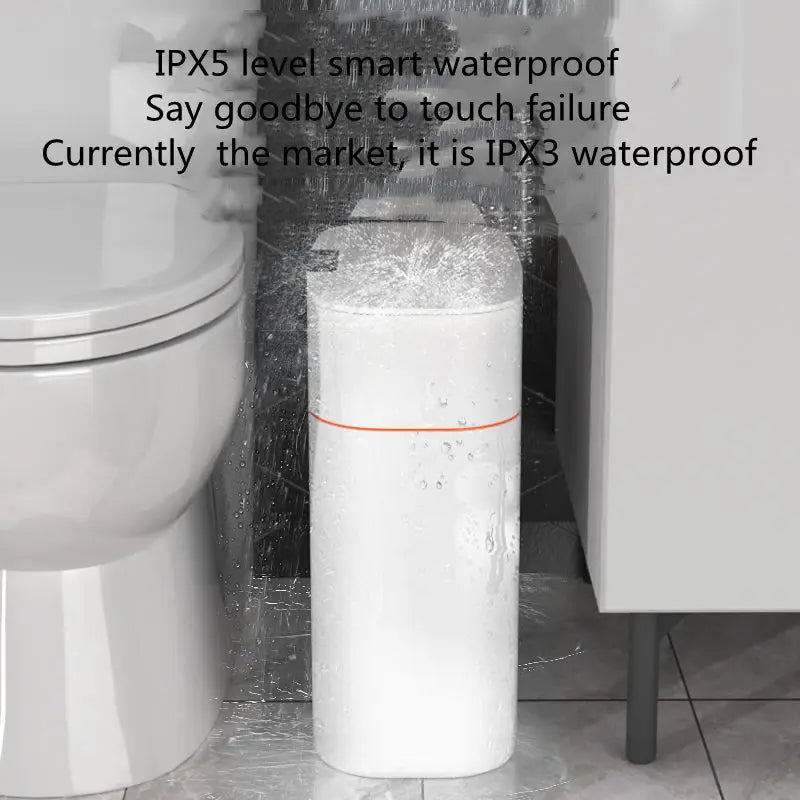 White cylindrical smart trash can with waterproof design and orange accent band for living room kitchen use