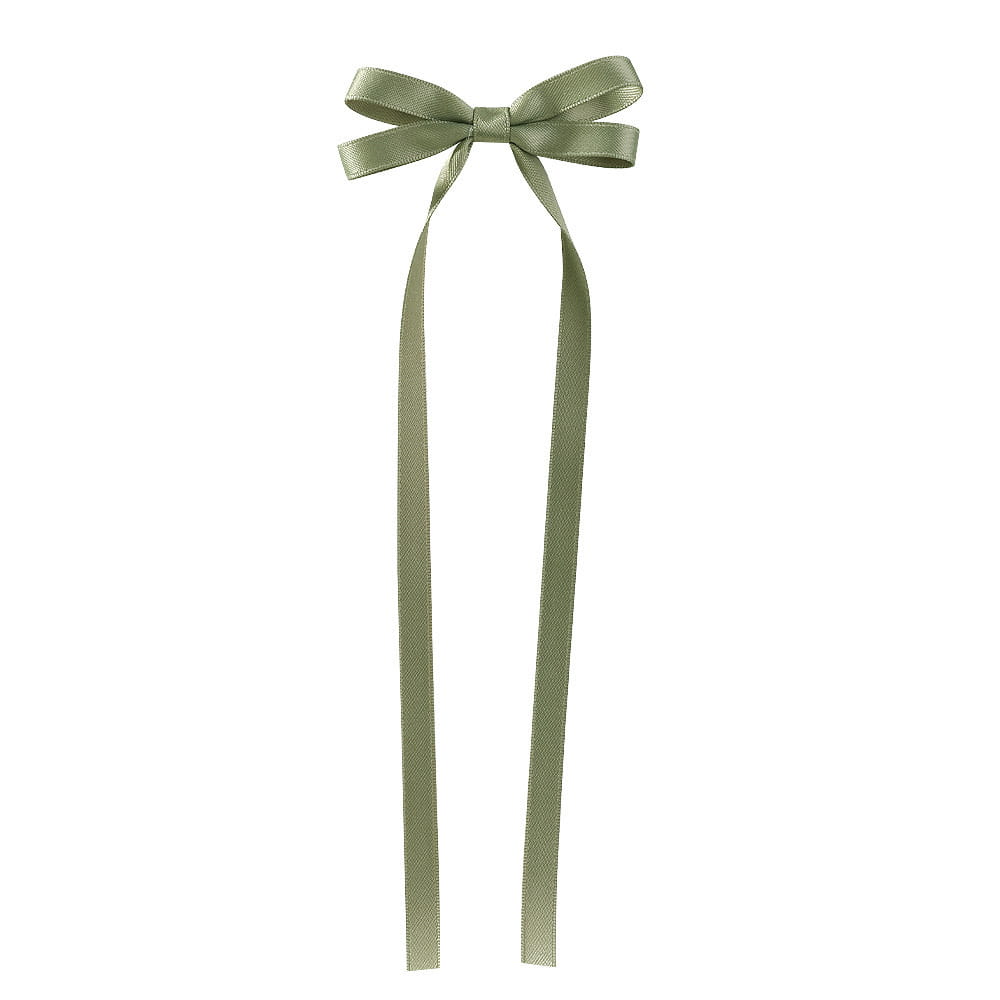 A delicate sage green satin bow braided hair ribbon tie set featuring a neatly tied bow with long flowing tails designed for braided hair and hair tie double use.