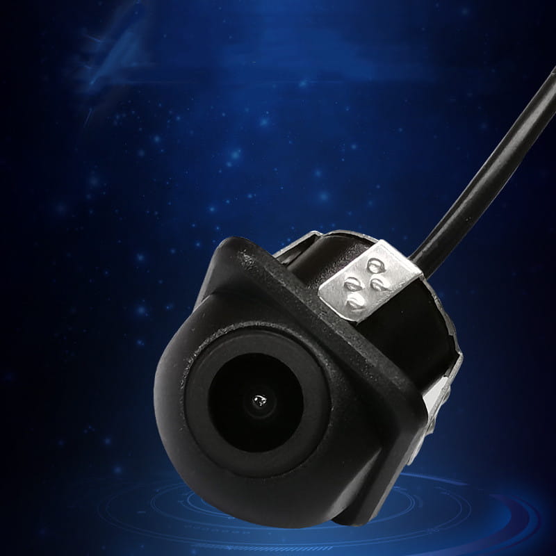 Black plastic hd perforated rear view car camera with silver metal mounting bracket and attached black cable shown from the back side
