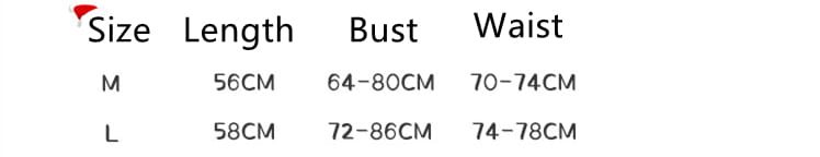 The size chart for the red velvet Christmas dress stage anchor costume displays measurements in centimeters for sizes M and L including length, bust, and waist.