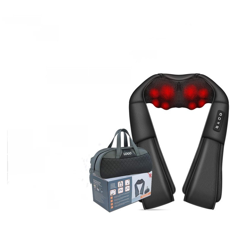 Black multifunctional household shoulder electric massage neck collar with red illuminated massage nodes and control buttons on the side for effective muscle relief.