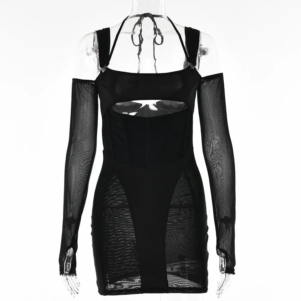 black mesh off-shoulder mini dress with sheer long sleeves and bust cutout showcasing sling tight dress and tight dress fashion backless elements.