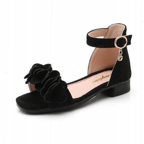 black suede girls sandals beach with floral embellishment and ankle strap suitable for beach big princess occasions