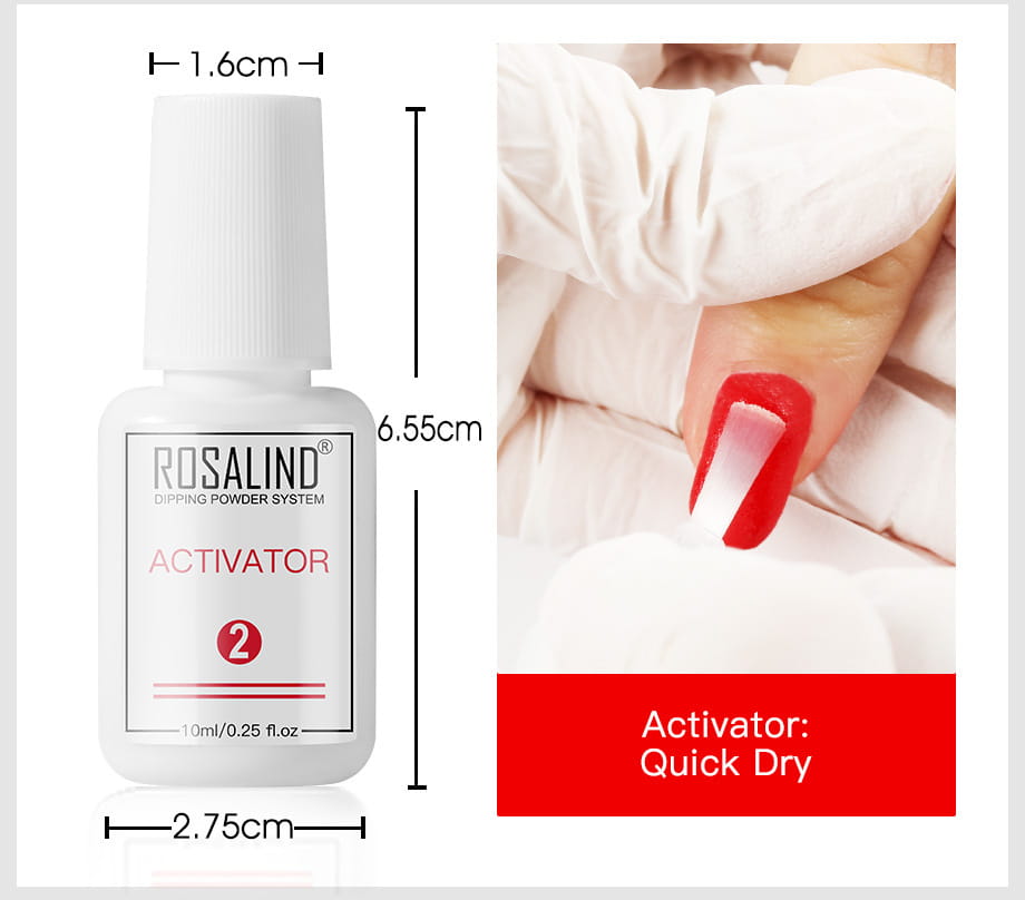 White plastic bottle of rosalind brand activator for dipping powder nail beauty set with brush in a nail beauty set.