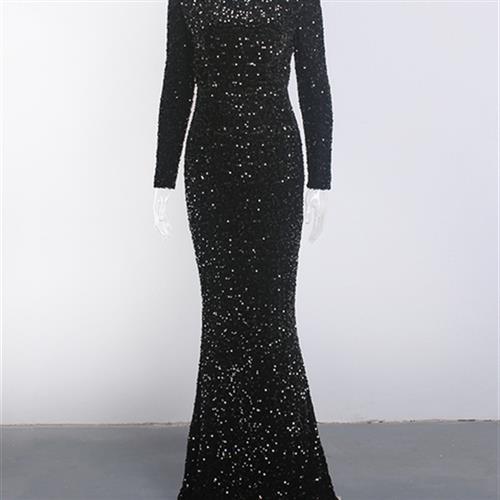 black sequined mermaid gown with long sleeves and high neckline featuring modest stretch sequin fabric ideal for formal evening wear