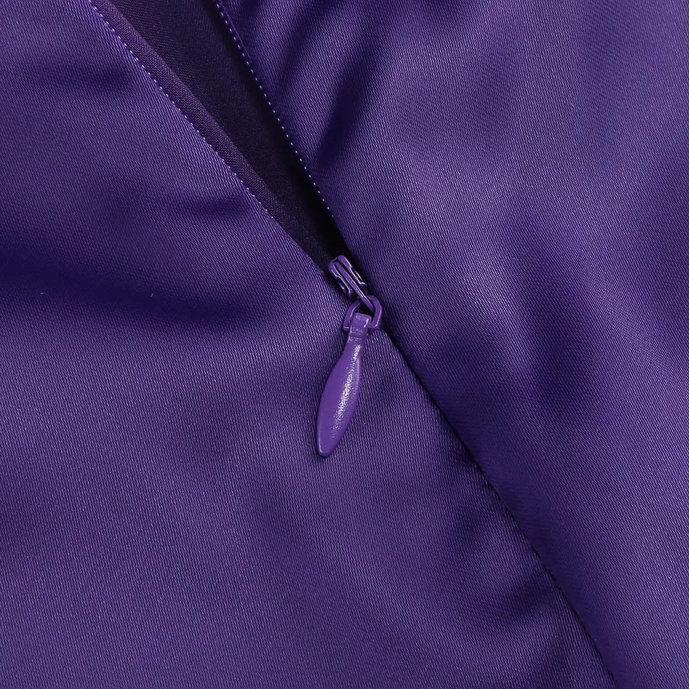 purple zipper pull on a fitted high waist purple satin rose gown made of smooth satin fabric