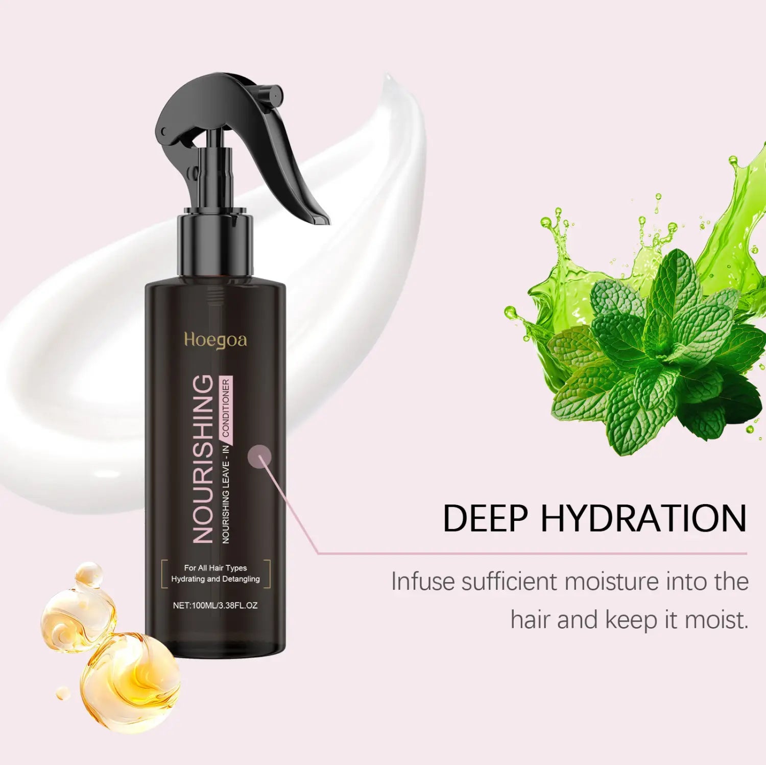 Black spray bottle of hoegoa nourishing disposable hair care leave-in conditioner with sleek glossy finish and ergonomic trigger nozzle for nourishing disposable hair care.