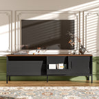 Walnut modern TV stand with metal frame and sliding doors – view 2