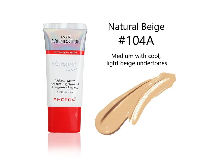 natural beige 104a tube liquid foundation in a white and red tube with an iridescent top designed for a velvety matte finish in the porcelain 101 matte silky tube liquid foundation line.