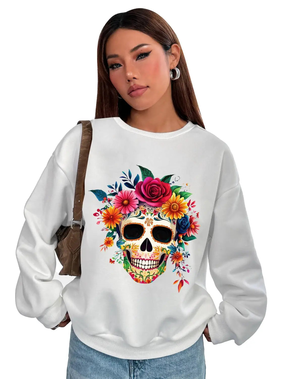 white long-sleeved basic crew neck sweatshirt featuring a vibrant colorful floral skull design for daily wear