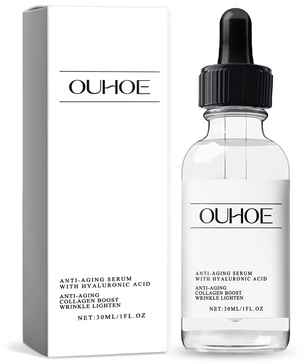 Clear glass bottle with black dropper cap and minimalist white label featuring Ouhooe brand name containing luxury anti-aging serum for women, ideal for anti-aging serum skincare routines.