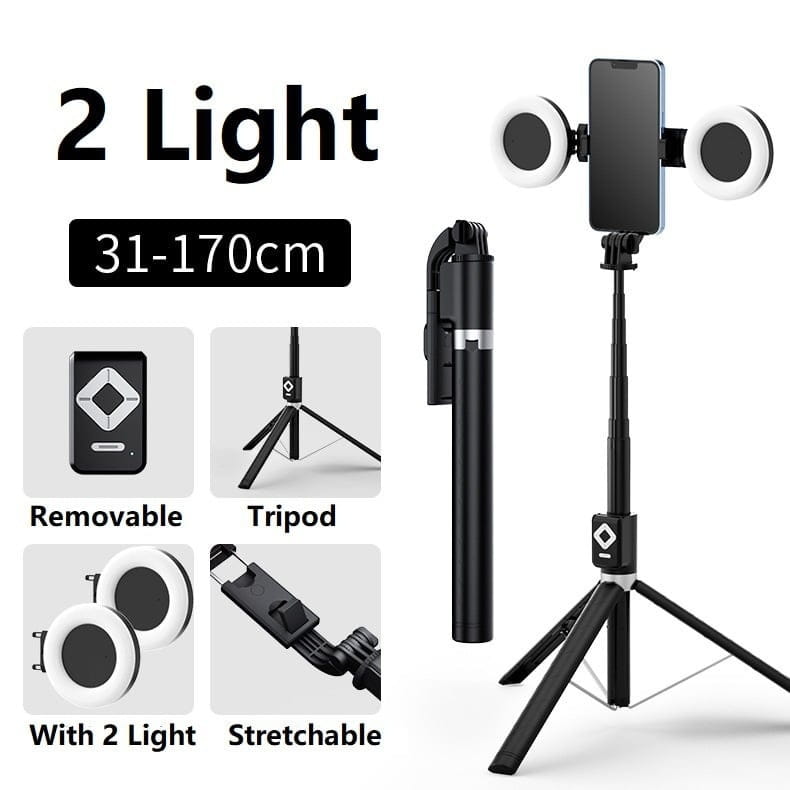 t11 rechargeable black selfie stick with two circular ring lights and tripod base designed for stable lighting and hands-free use
