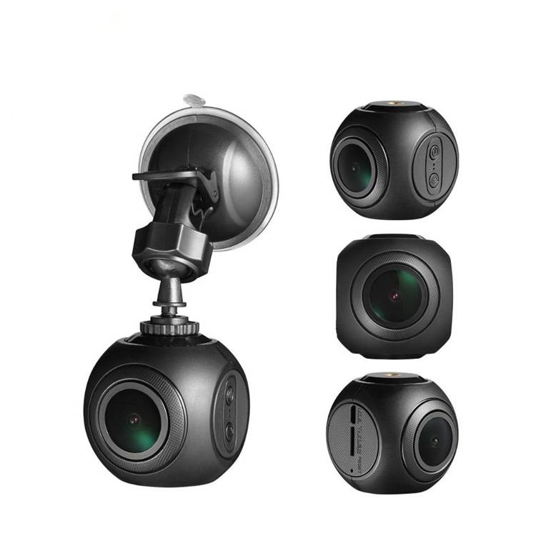 black spherical mini wifi car dash cam with night vision featuring a suction cup mount and multiple viewing angles for 360-degree recording.