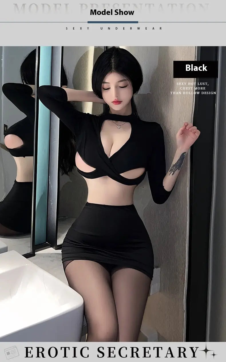 Black long sleeve secretary crop top with deep plunging neckline and cut-out details designed as sexy underwear long sleeve garment.