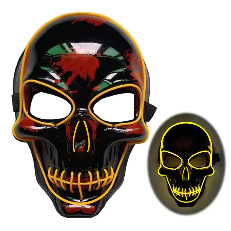 Glowing black halloween skeleton mask with yellow neon outlines and red splatter details featuring led glow for enhanced visibility.