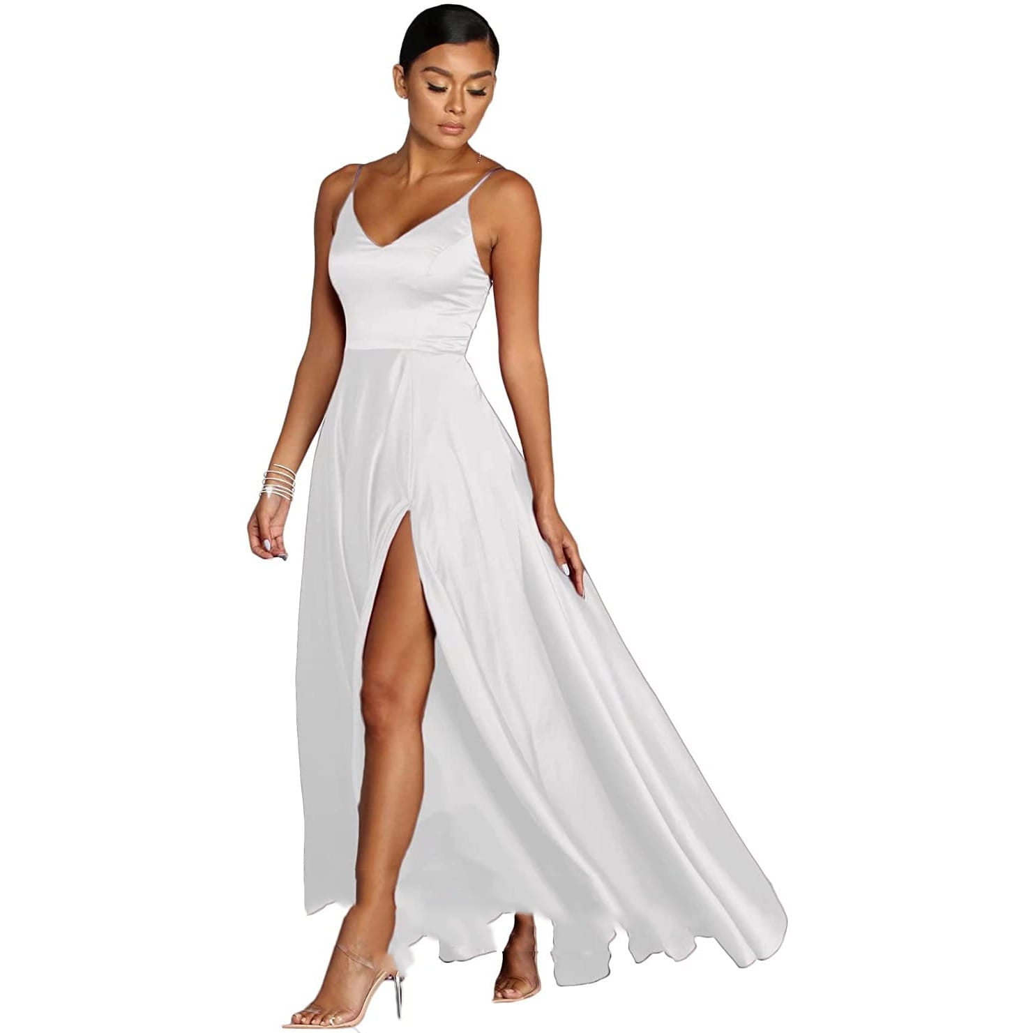 white satin temperament long dress featuring a v-neckline and high slit for a versatile casual temperament look