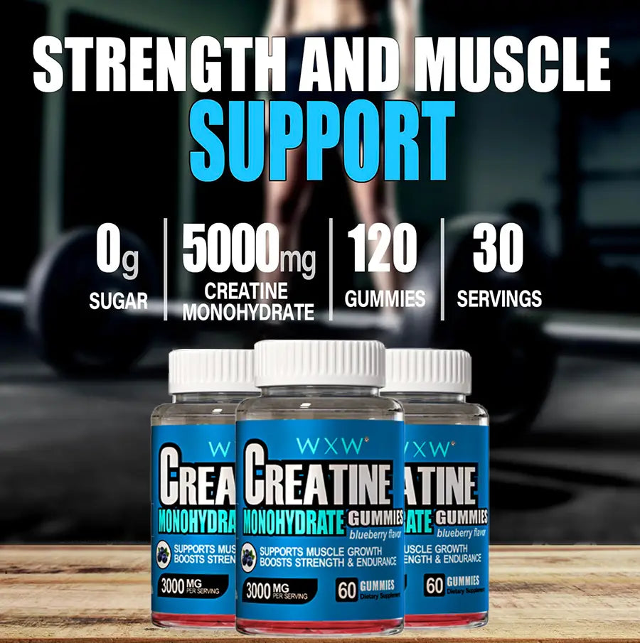 three transparent bottles of wxx brand blueberry-flavored creatine gummies with white caps labeled for muscle strength support in blueberry creatine monohydrate gummies product