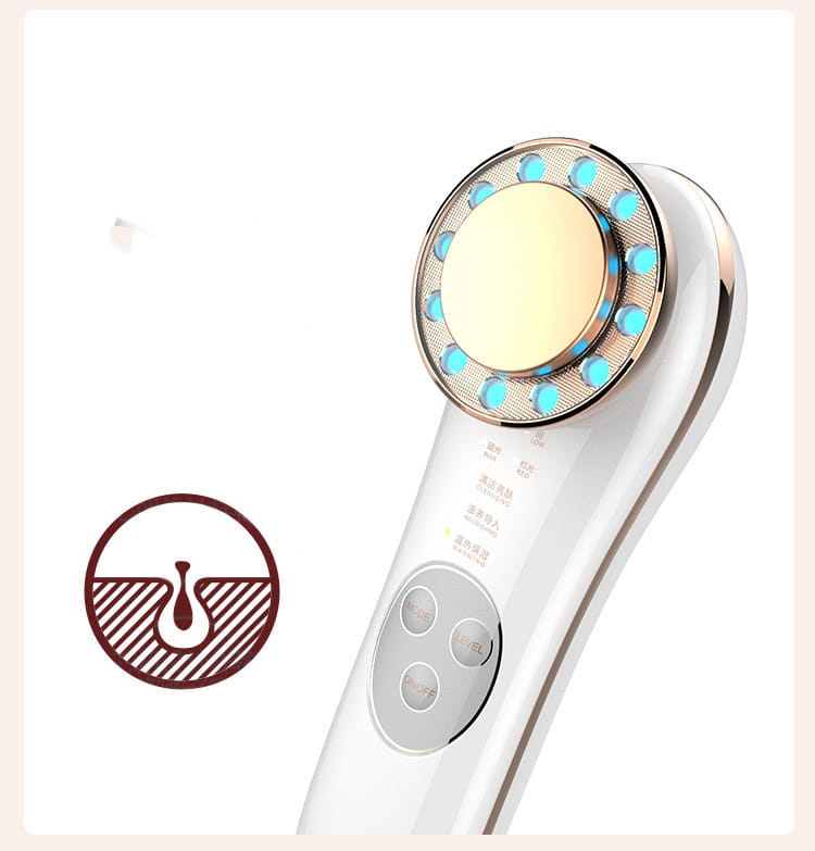 White handheld 7 in 1 LED facial machine and skin care massager with a circular gold-toned head featuring blue led lights and three control buttons on the handle.
