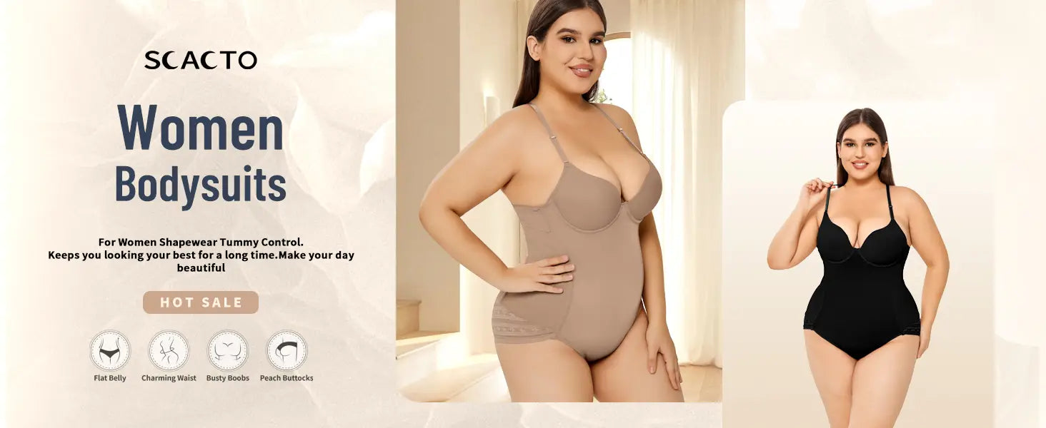 beige and black plus size ultra firm control body shaper bodysuits designed for tummy control with a seamless flattering fit