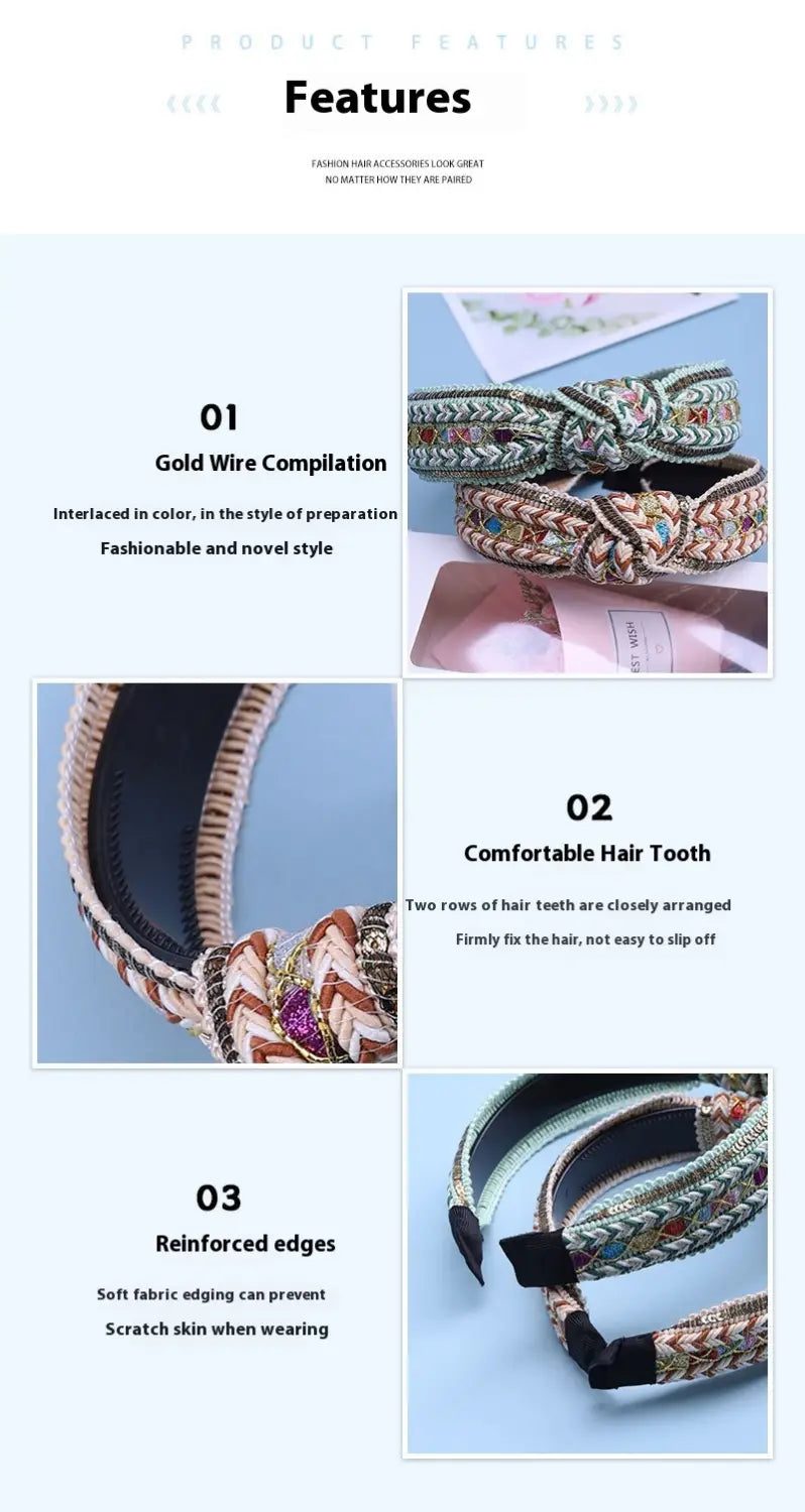 Mint green knotted hair accessories bohemian woven headband featuring a decorative gold wire design with colorful embroidered patterns and soft fabric edges.