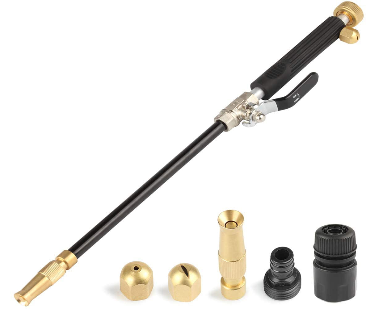adjustable black and gold garden hose spray nozzle with interchangeable attachments designed as a car wash water gun for efficient car wash water use