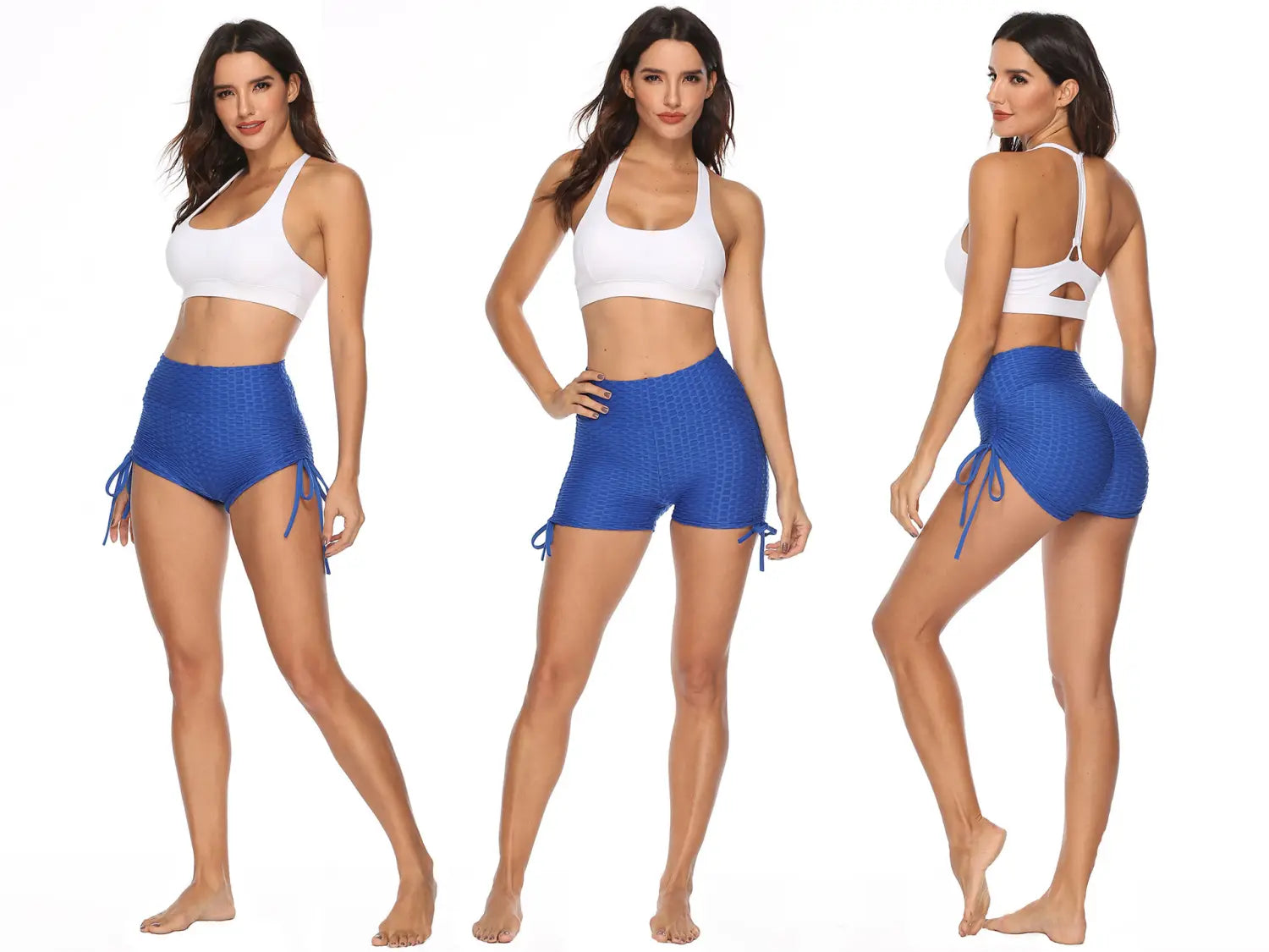 blue textured high-waisted shorts with side ties featuring drawstring shorts textured design for enhanced textured butt lift and shaping.