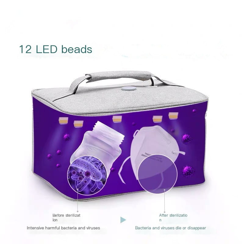 Purple portable disinfection bag with gray fabric handle and 12 led beads for sanitizing baby bottles and masks in a blue portable disinfection bag product.