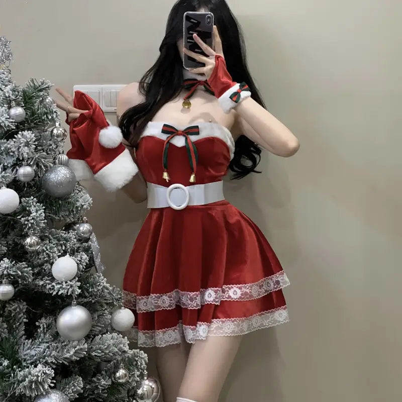 red velvet christmas dress stage anchor costume featuring a santa-themed design with white lace trim, matching belt, and coordinating gloves in a dress stage anchor style.