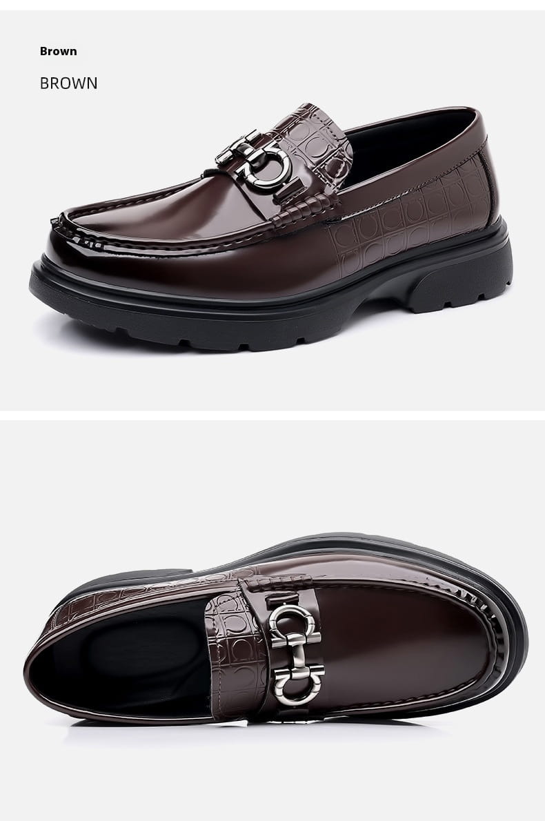 brown leather loafer with crocodile texture and silver horsebit buckle designed as platform retro casual shoes