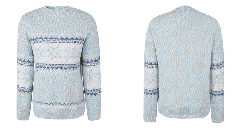 Light blue knit winter snowflake sweater with white and dark blue geometric snowflake patterns featuring a half turtleneck design for sweater fashion half style.