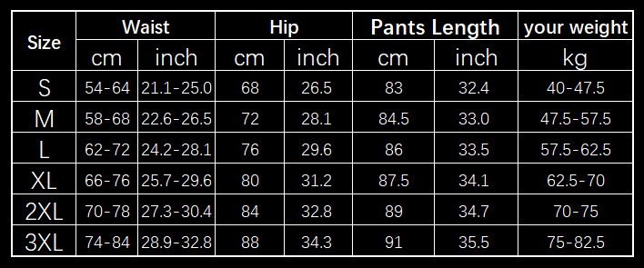 Size chart for slate blue gym sport seamless leggings with pockets displaying pants measurements in centimeters and inches from size S to 3XL with corresponding weight ranges.