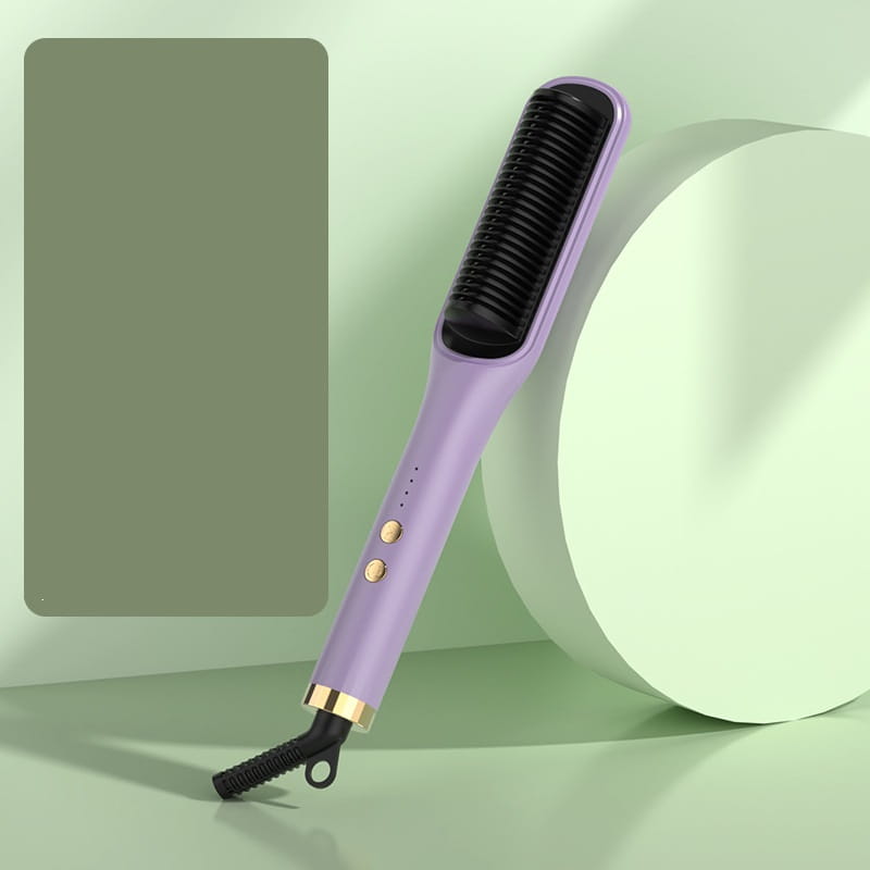 mint green anion hair care electric straightener comb with purple electric body, black bristles, and gold accents for care electric hair styling.