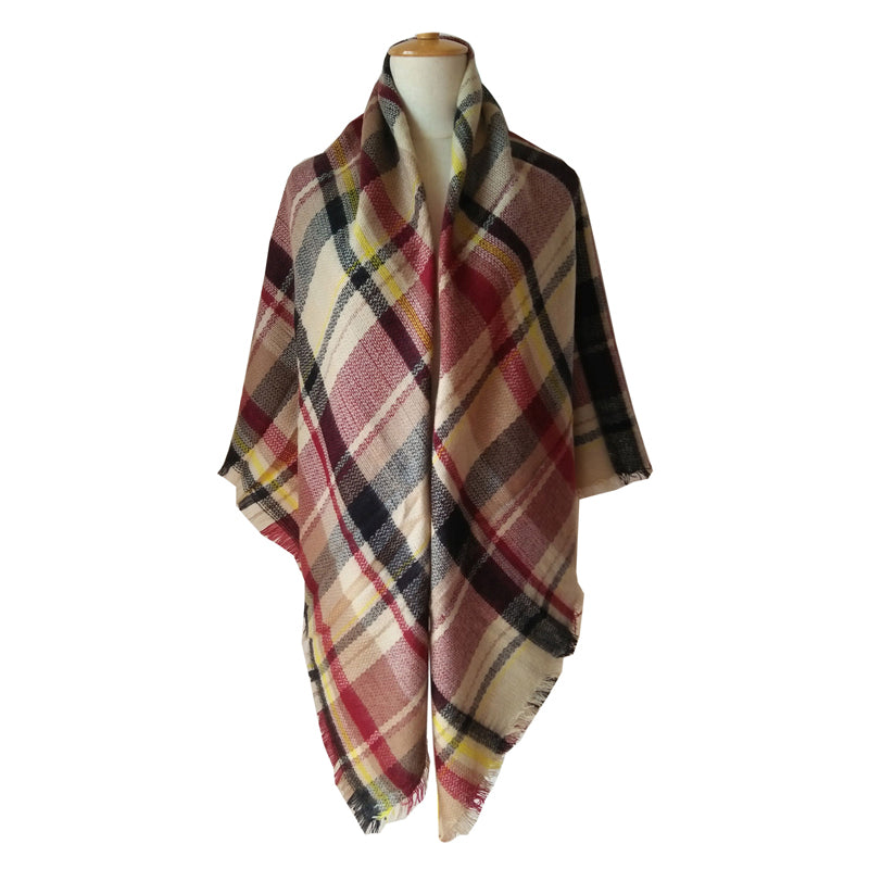 Women's Red Plaid Tassel Blanket Scarf 59x59in, Soft Warm Winter Shawl Wrap