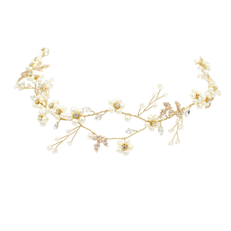 Delicate gold-toned pearl flower wedding headband adorned with cream pearls and sparkling crystals as elegant wedding headband accessories.