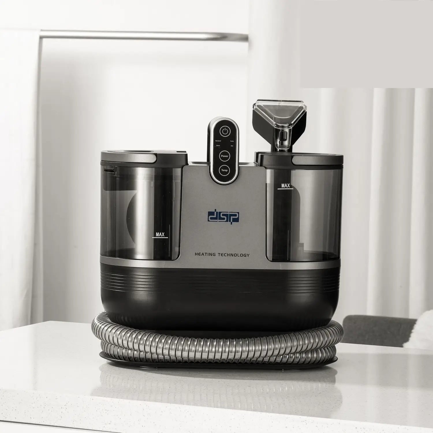 Modern black and silver dsp 3in1 stain removal cleaner carpet sofa with transparent water tanks and a coiled hose for efficient cleaner carpet sofa use.
