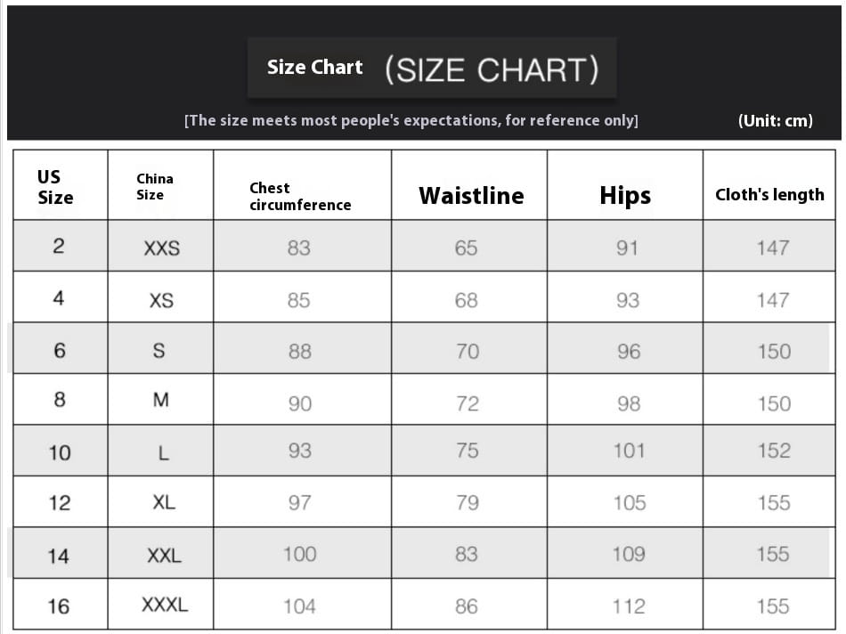 Size chart table showing us and china measurements including chest circumference waistline hips and cloths length in centimeters for a light luxury minority champagne beaded evening gown.