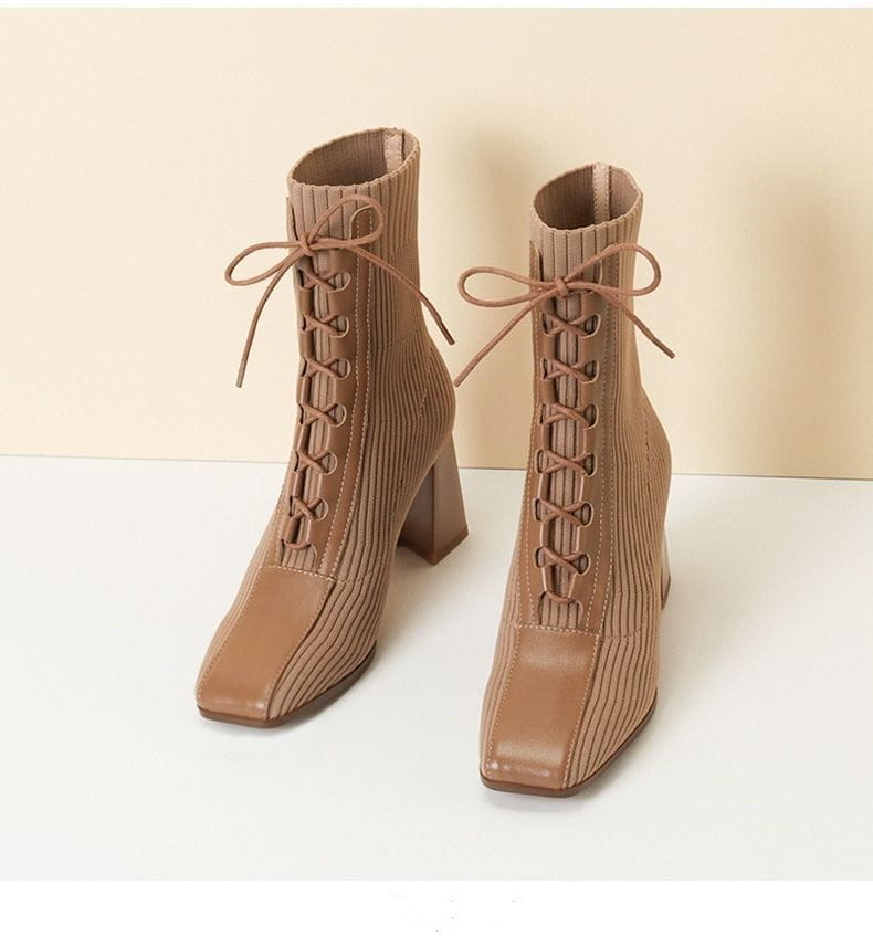 tan ribbed knit ankle boots with a square toe chunky heel featuring fashion patchwork knitting details
