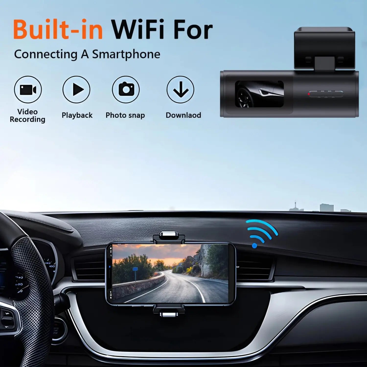 black wireless 4k night vision lipstick machine rear dual lens dash cam with built-in wifi for smartphone connectivity featuring video recording and photo snap capabilities