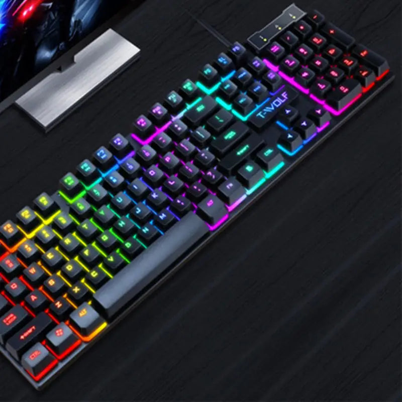 Black t-volf gaming usb luminous keyboard with vibrant rgb backlighting and a luminous wired keyboard design.
